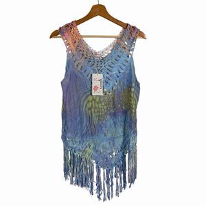 Kamana Womens Sleeveless Fringe Hem Top Large Crochet Trim Blue Pink Multi Boho